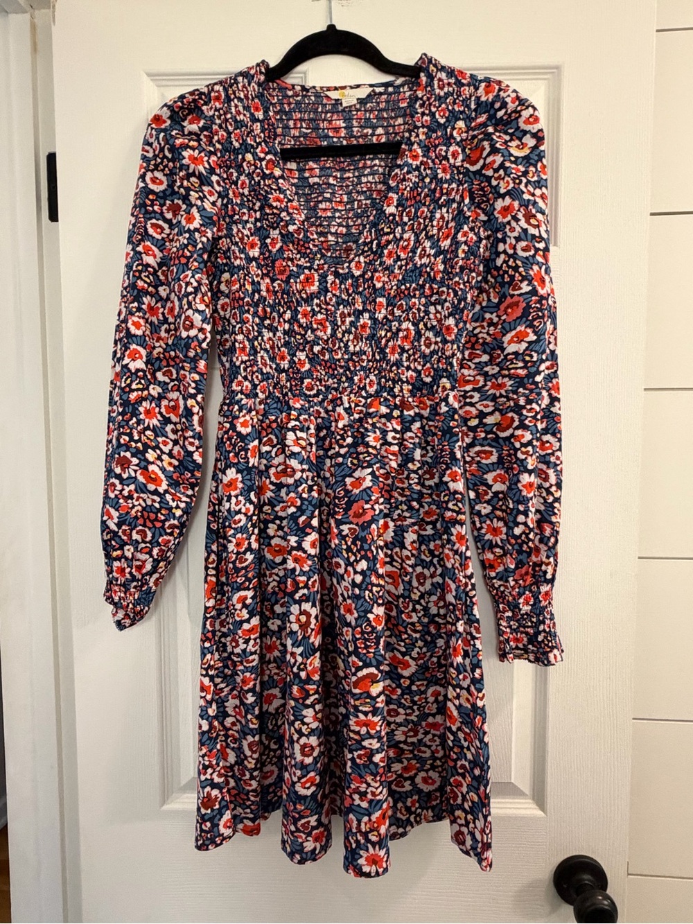 Boden Navy, Coral and White Floral Smocked Long-Sleeve Dress